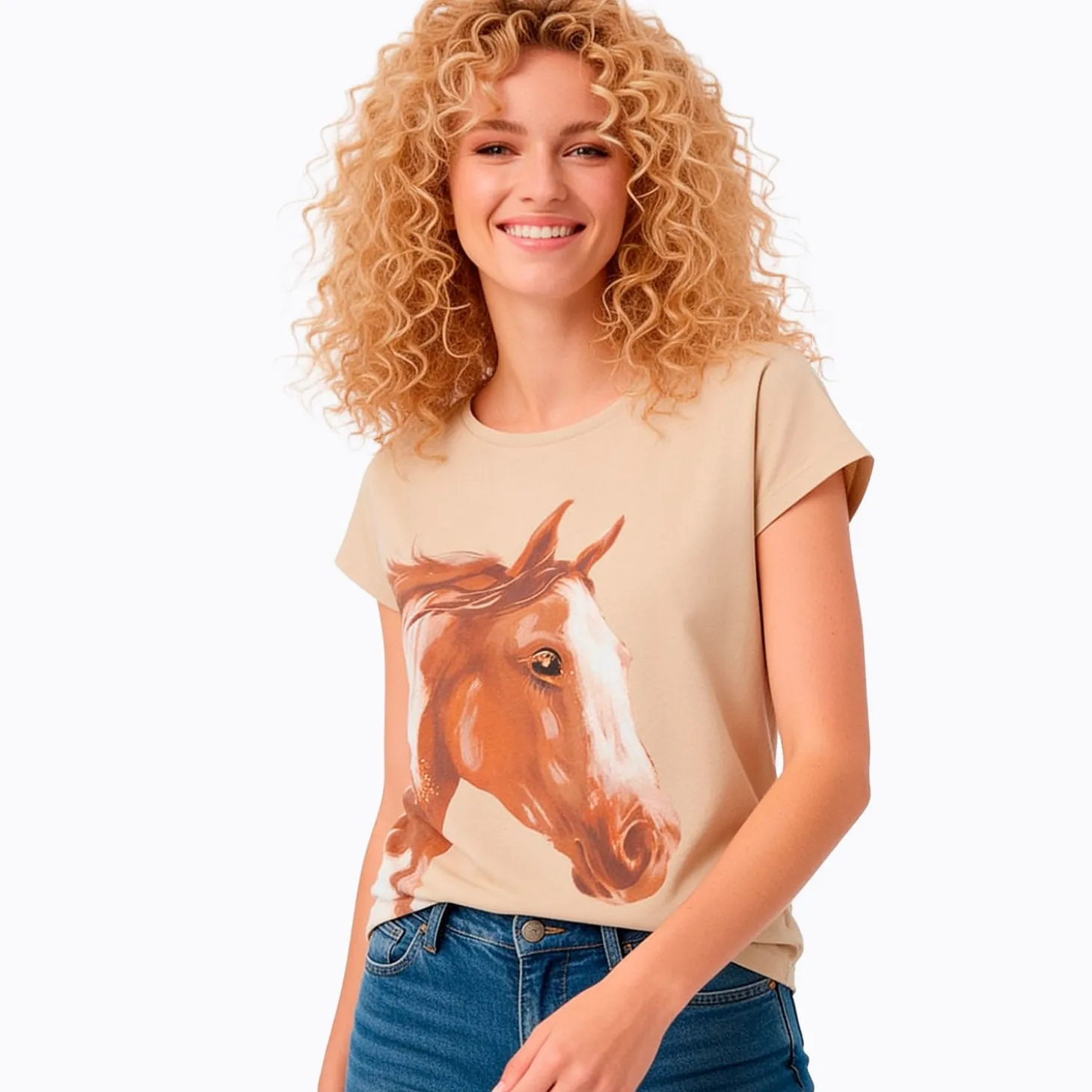 Damski T-shirt beżowy z koniem