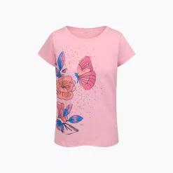 Damski t-shirt z krótkim rękawem, z motylem i kwiatami, różowy