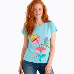 Damski t-shirt z krótkim rękawem, z motywem kwiatowym, niebieski
