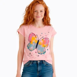 Damski T-shirt z krótkim rękawem ,różowy z motylem