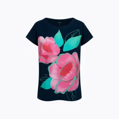 Damski t-shirt z krótkim rękawem, z motywem kwiatowym, granatowy