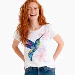 Damski T-shirt z krótkim rękawem biały z kolibrem