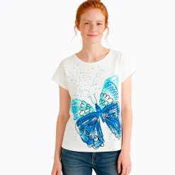 Damski t-shirt z krótkim rękawem, biały z motylem