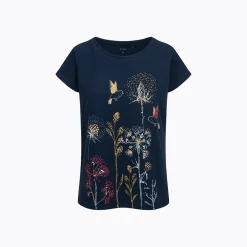 Damski t-shirt z krótkim rękawem, z motywem kwiatowym, granatowy