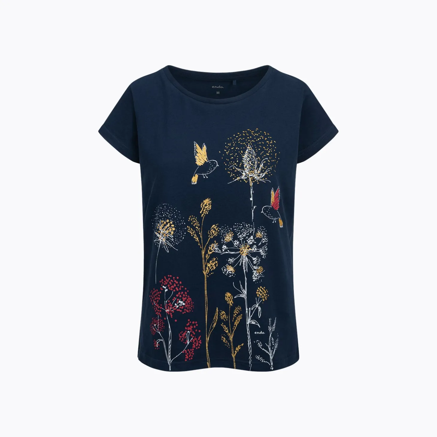 Damski t-shirt z krótkim rękawem, z motywem kwiatowym, granatowy