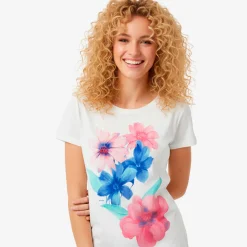 Damski t-shirt z krótkim rękawem, z motywem kwiatowym, jasnoróżowy