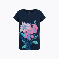 Damski t-shirt z krótkim rękawem, z motywem kwiatowym, granatowy