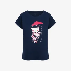Damski t-shirt z krótkim rękawem, z gejszą, granatowy