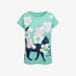 Damski t-shirt z krótkim rękawem, z kotem, zielony