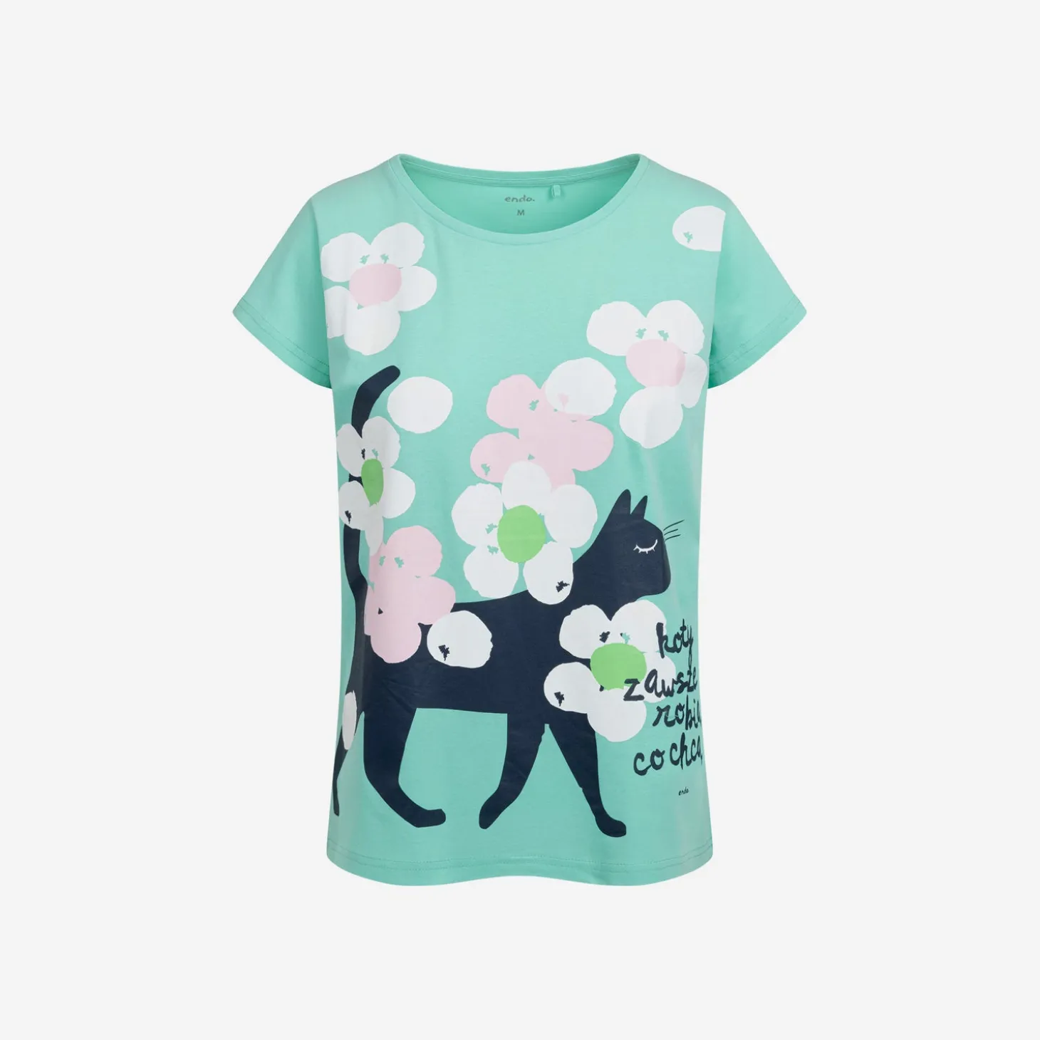 Damski t-shirt z krótkim rękawem, z kotem, zielony