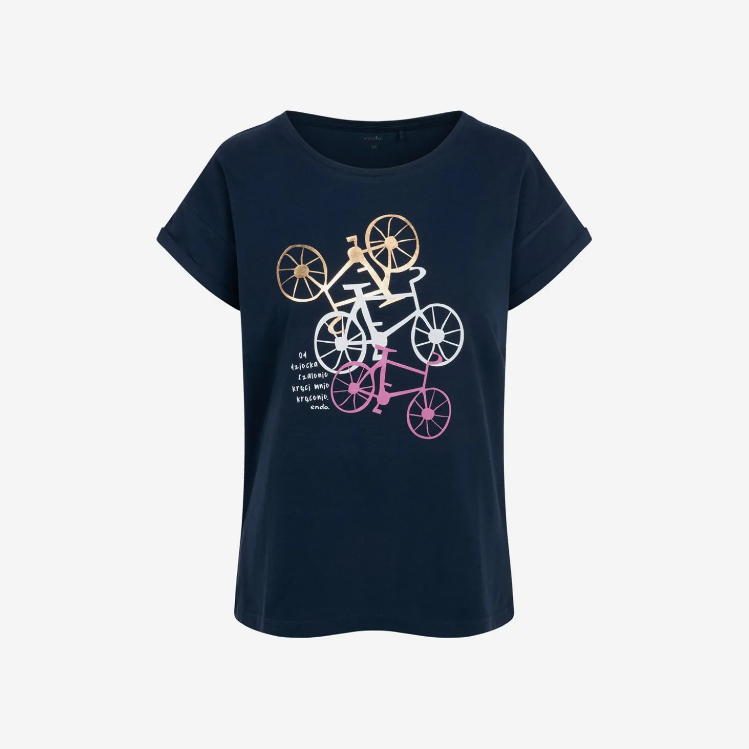 Damski t-shirt z krótkim rękawem, z motywem rowerowym, granatowy