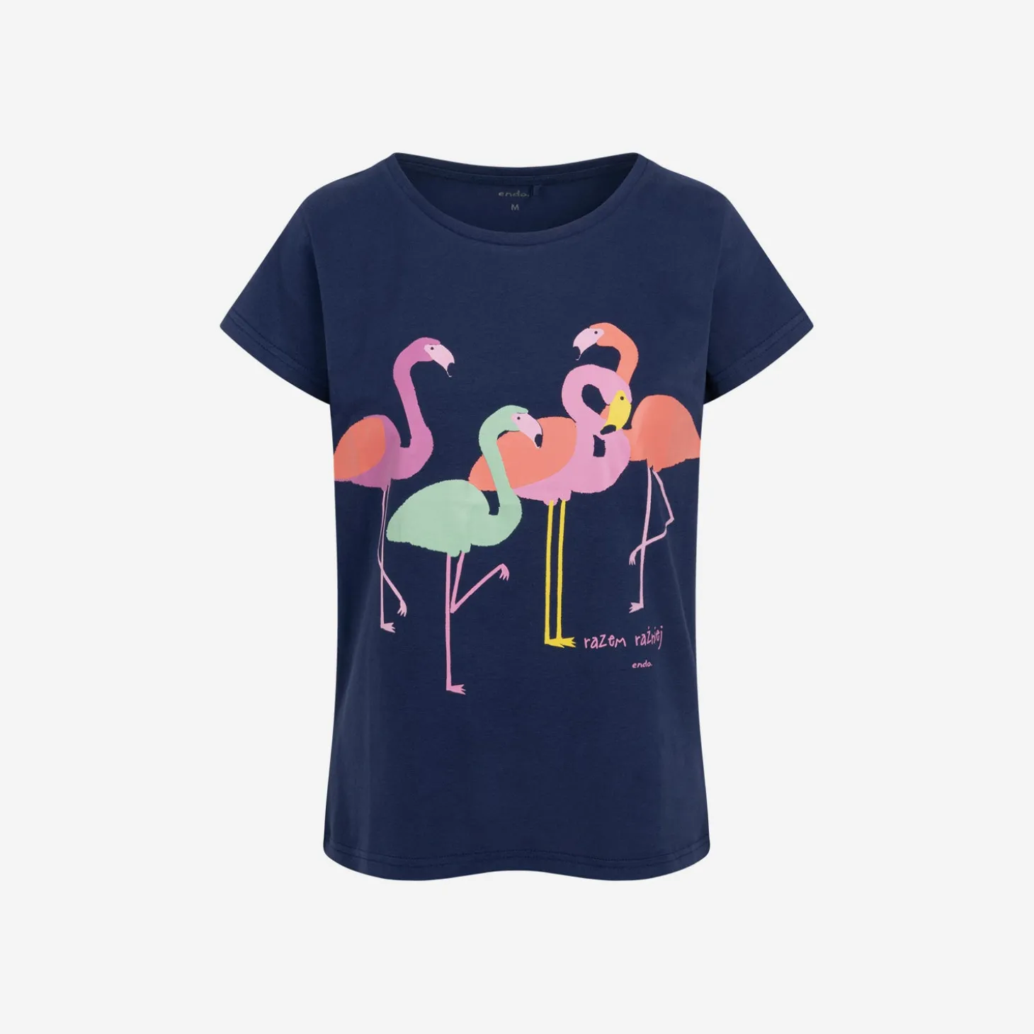 Damski t-shirt z krótkim rękawem, z flamingami, granatowy