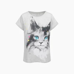 Damski t-shirt z krótkim rękawem, z kotem, szary