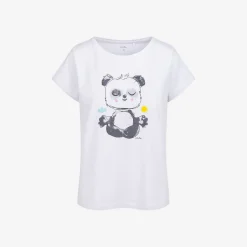Damski t-shirt z krótkim rękawem, joga z misiem panda, biały