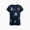 Damski t-shirt z krótkim rękawem, z kwiatkami, granatowy