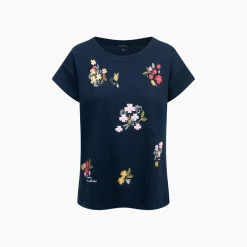 Damski t-shirt z krótkim rękawem, z kwiatkami, granatowy