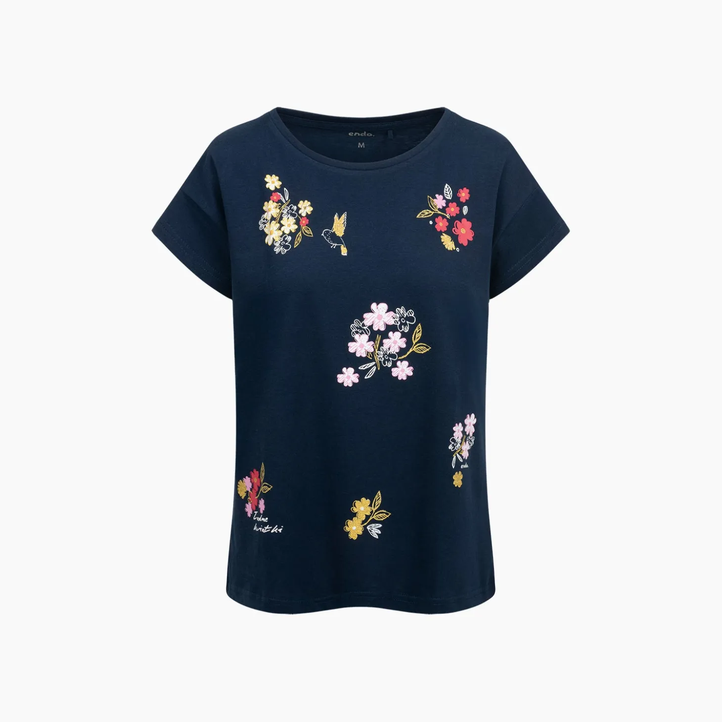 Damski t-shirt z krótkim rękawem, z kwiatkami, granatowy