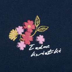 Damski t-shirt z krótkim rękawem, z kwiatkami, granatowy