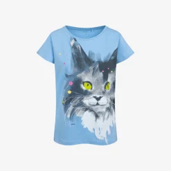 Damski t-shirt z krótkim rękawem, z kotem, niebieski
