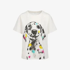 Damski t-shirt z krótkim rękawem, z dalmatyńczykiem, kremowy