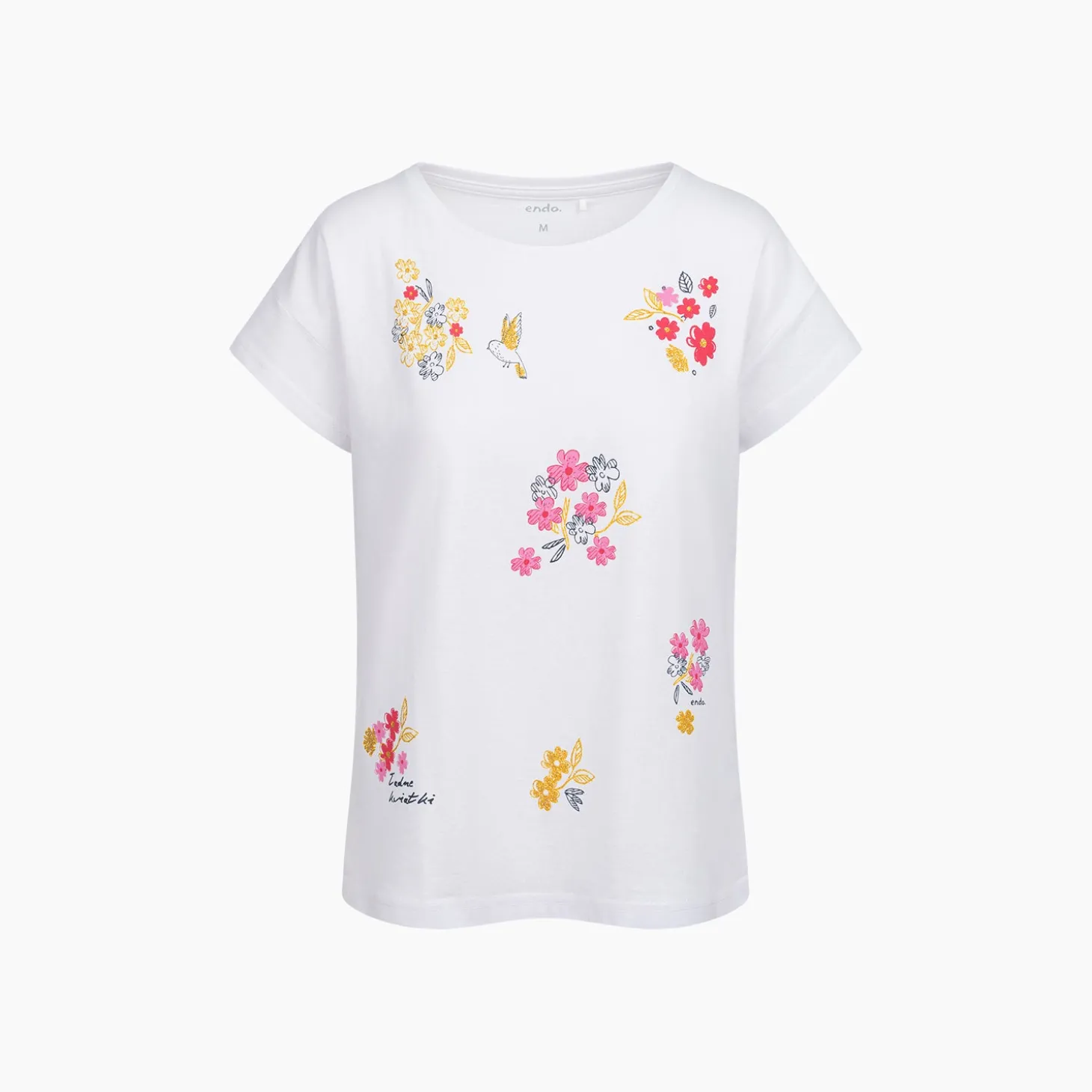 Damski t-shirt z krótkim rękawem, z kwiatkami, biały