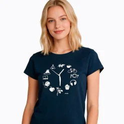 Damski t-shirt z krótkim rękawem, z zegarem, granatowy