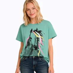 Damski t-shirt z krótkim rękawem, z koniem, Morski zielony