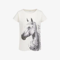 Damski t-shirt z krótkim rękawem, z koniem, kremowy