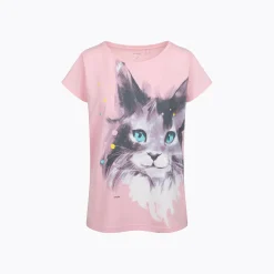 Damski t-shirt z krótkim rękawem, z kotem, różowy