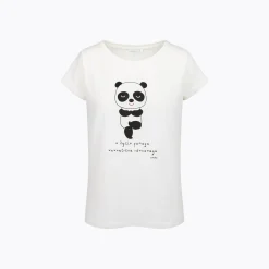 Damski t-shirt z krótkim rękawem, z pandą, kremowy
