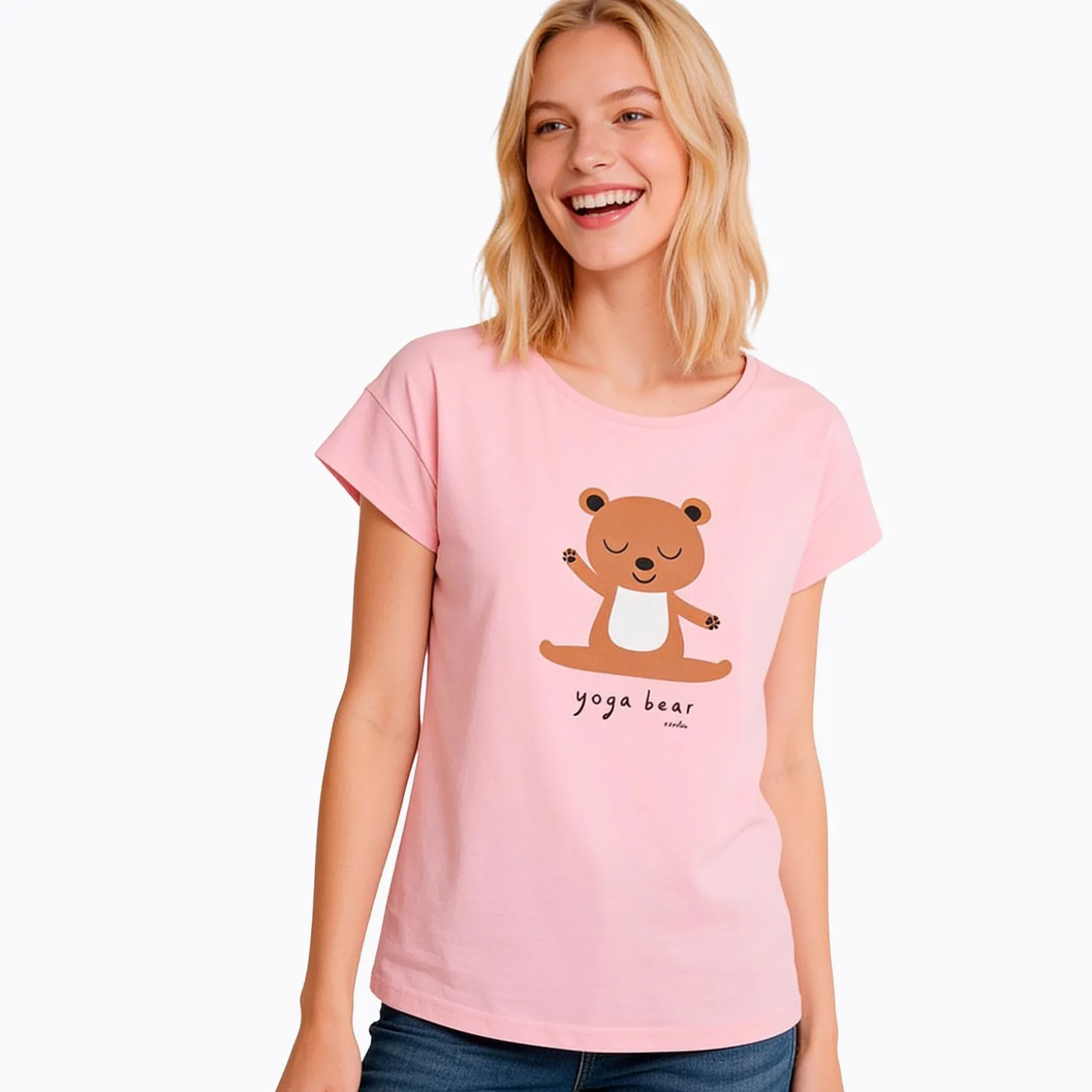 Damski t-shirt z krótkim rękawem, z misiem, różowy