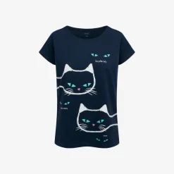 Damski t-shirt z krótkim rękawem, z kotami, Ciemnoniebieski
