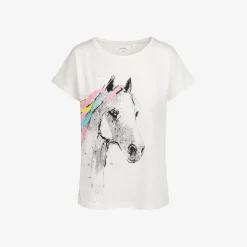 Damski t-shirt z krótkim rękawem, z koniem, Kremowy
