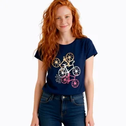 Damski T-shirt z krótkim rękawem granatowy z motywem rowerowym