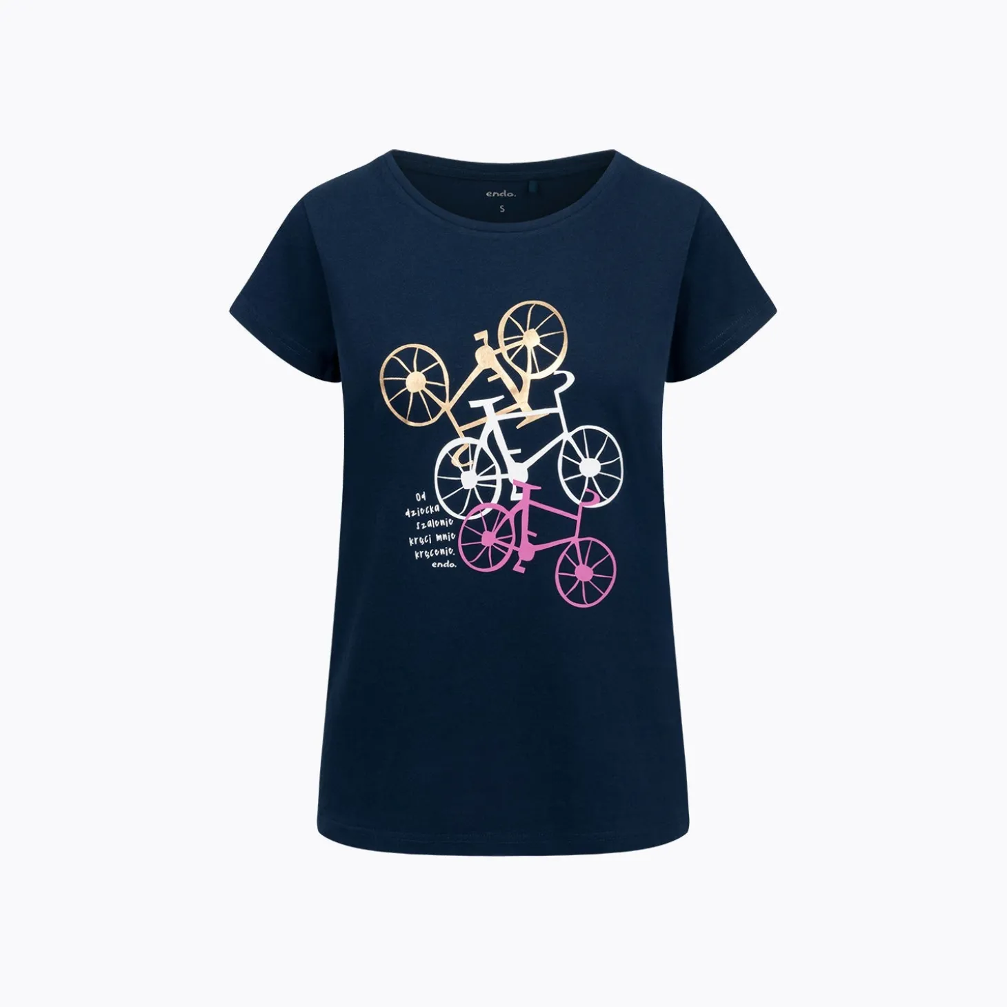 Damski T-shirt z krótkim rękawem granatowy z motywem rowerowym