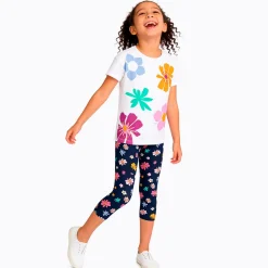 Legginsy 3/4 dla dziewczynki, z kwiatkami, granatowe 3-8 lat