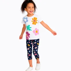 Legginsy 3/4 dla dziewczynki, z kwiatkami, granatowe 3-8 lat