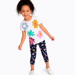 Legginsy 3/4 dla dziewczynki, z kwiatkami, granatowe 3-8 lat