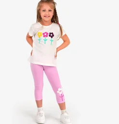 Legginsy 3/4 dla dziewczynki, z kwiatkiem, różowe 3-8 lat