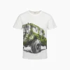 Męski t-shirt z krótkim rękawem, z autem terenowym, biały