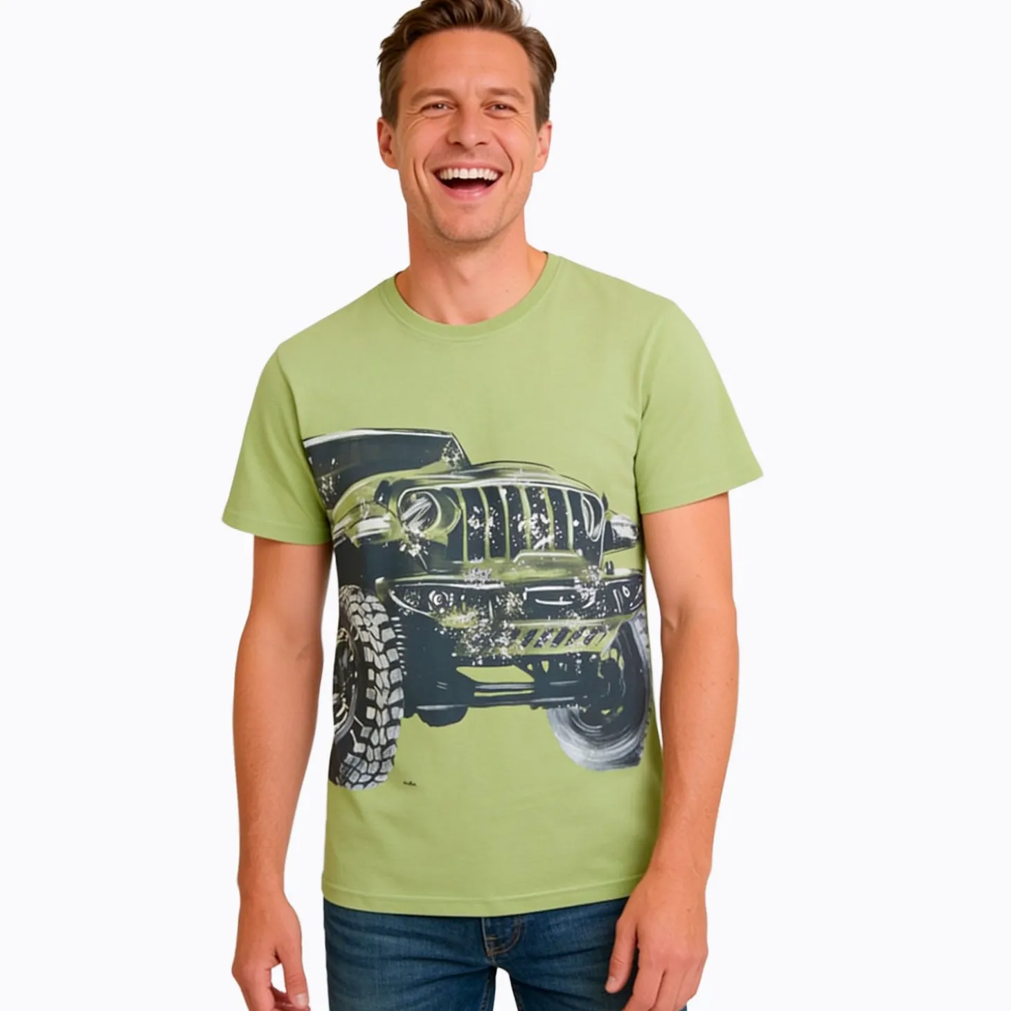 Męski t-shirt z krótkim rękawem, z autem terenowym, zielony