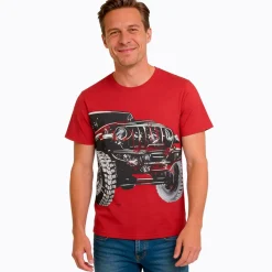 Męski t-shirt z krótkim rękawem, z autem terenowym, czerwony