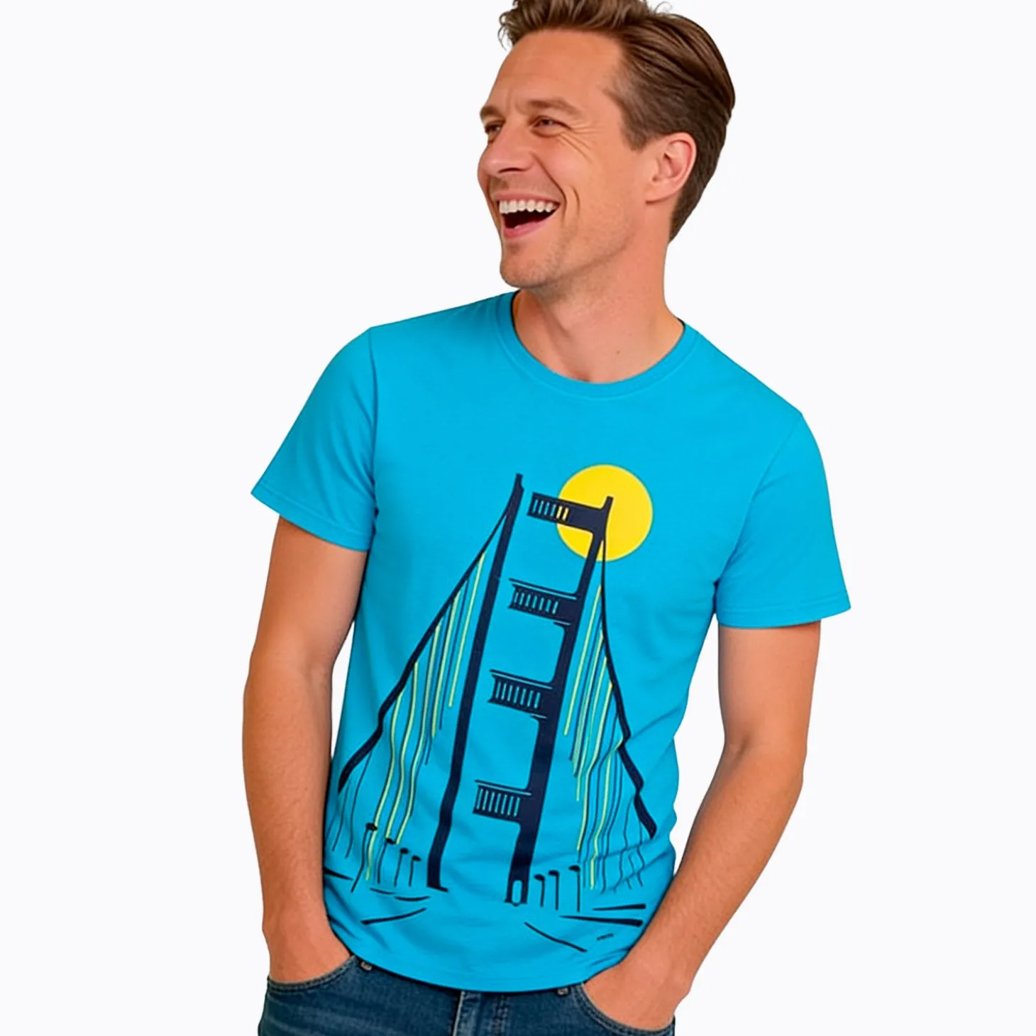 Męski t-shirt z krótkim rękawem, z motywem mostu, niebieski
