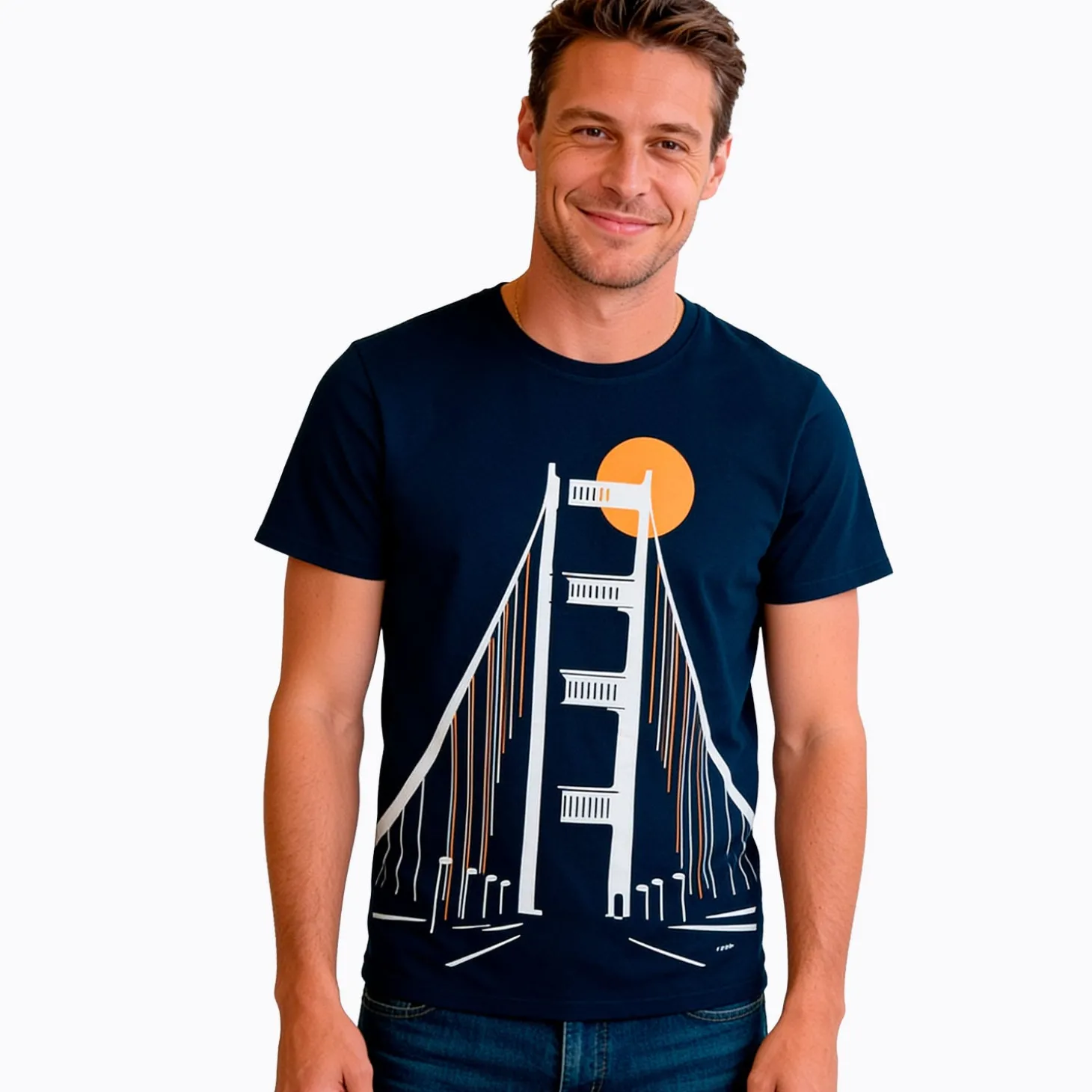 Męski t-shirt z krótkim rękawem, z motywem mostu, granatowy