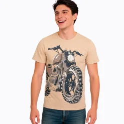 Męski t-shirt z krótkim rękawem, z motocyklem, beżowy