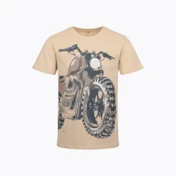 Męski t-shirt z krótkim rękawem, z motocyklem, beżowy