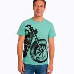 Męski t-shirt z krótkim rękawem, z motocyklem, zielony