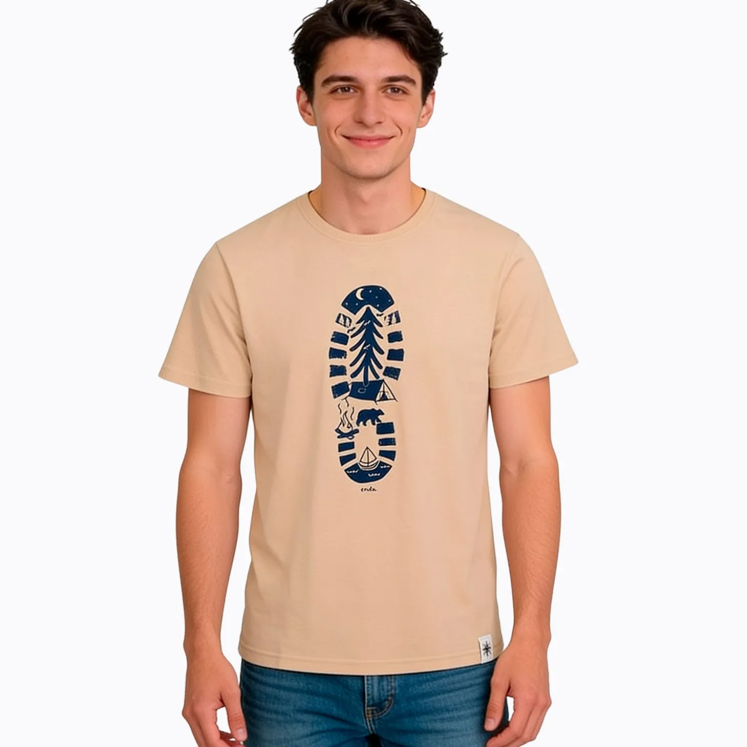 Męski t-shirt z krótkim rękawem, z traperem, beżowy