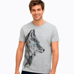 Męski t-shirt z krótkim rękawem, z wilkiem, szary