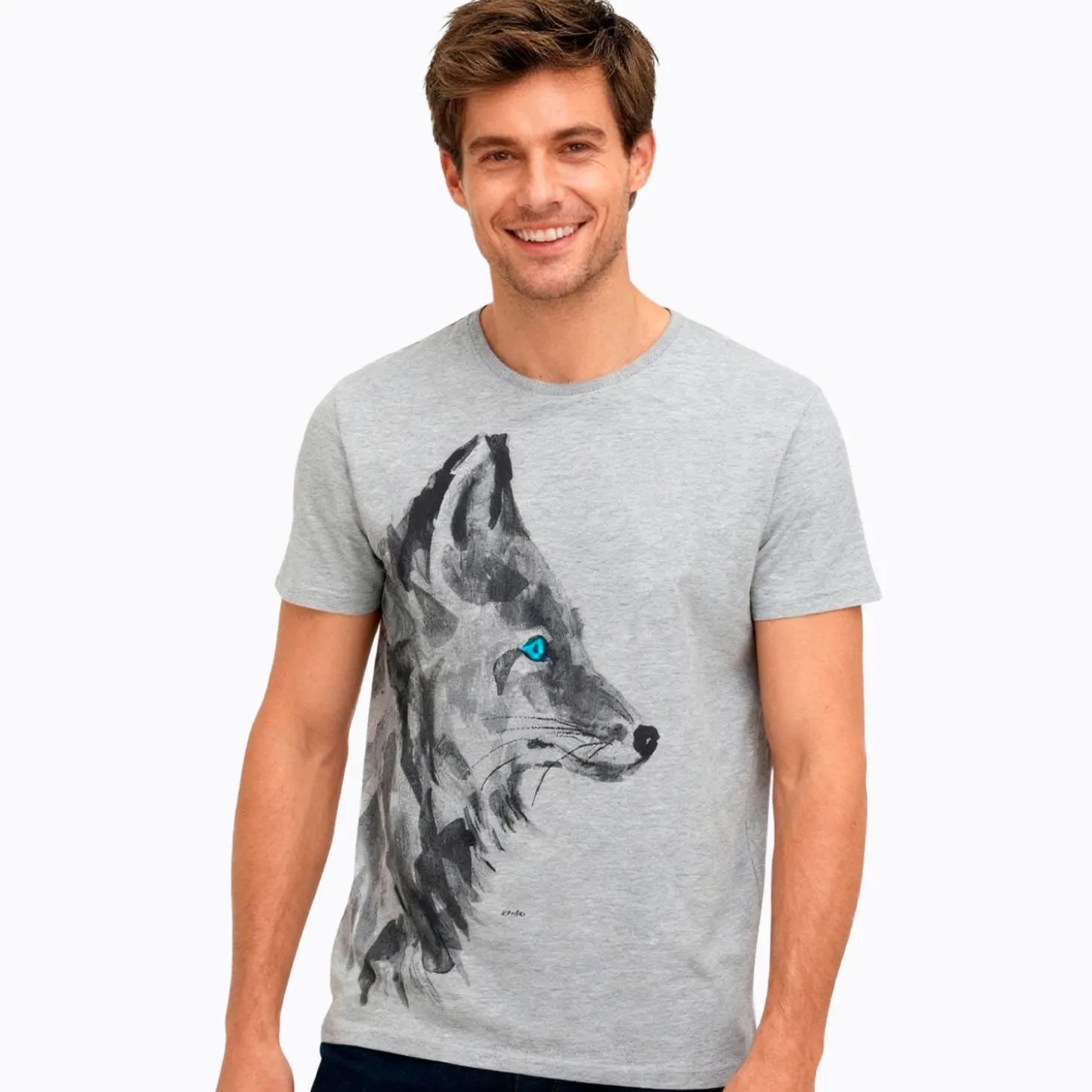 Męski t-shirt z krótkim rękawem, z wilkiem, szary